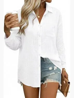 Tops | Linen Cotton Button Down Shirt Long Sleeve Blouse With Pocket ...